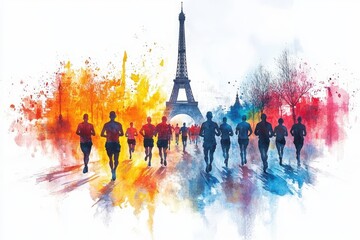 dynamic illustration of runners in the paris marathon eiffel tower looming in background splashes of vibrant watercolors convey motion and energy of the race