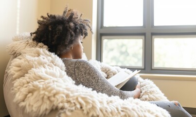 Poster - Young Woman Student in Cozy Reading Nook with Soft Blankets and Books, Peaceful Afternoon Atmosphere
