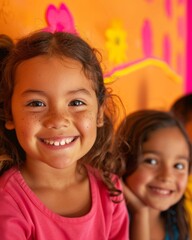 Aufkleber - Excited Young Girls in Bright Classroom Elementary School, Engaged Students with Smiling Teacher, Positive Learning Environment, Daytime, Vibrant Colors