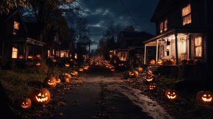 Spooky Halloween Scene of Abandoned Street with Glowing Jack-o'-Lanterns Casting Eerie Shadows