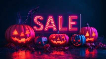 Wall Mural - Colorful Halloween sale sign with glowing jack-o-lanterns in spooky setting, highlighting seasonal discount and festive atmosphere.