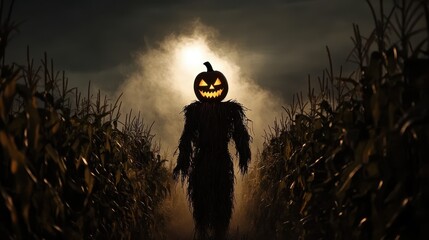 Spooky Scarecrow with Pumpkin Head in Moonlit Cornfield at Night