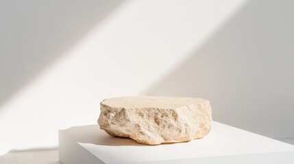 Poster - Serene Minimalist Sandstone Podium on White Background with Soft Light Beams and Natural Texture