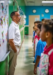 Poster - Male Teacher Engaging a Diverse Group of Elementary Students in Classroom Discussion with Whiteboard, Morning, Focused and Collaborative Learning Environment