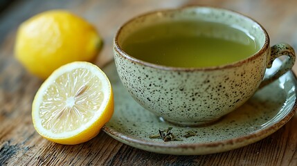 Green tea served with a slice of lemon on a rustic wooden table.