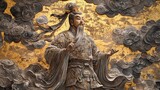Stucco mural of the Jade Emperor overseeing a celestial gathering, with gold and grey clouds surrounding him in a traditional Chinese setting