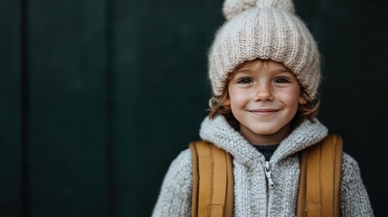 A young boy with a wide smile wearing a knitted hat and sweater, standing outdoors, presenting a cheerful and warm appearance with a blurred dark green background.