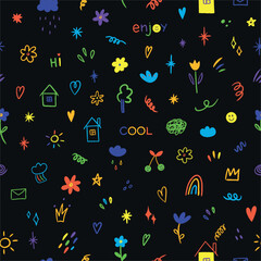 Aufkleber - Hand drawn cute playful children's seamless pattern. Doodle decorative elements sketch in kid style. Various icons such as hearts, stars, speech bubbles, arrows, lines isolated on black background.