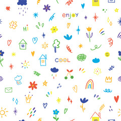 Aufkleber - Hand drawn cute playful children's seamless pattern. Doodle decorative elements sketch in kid style. Various icons such as hearts, stars, speech bubbles, arrows, lines isolated on white background.