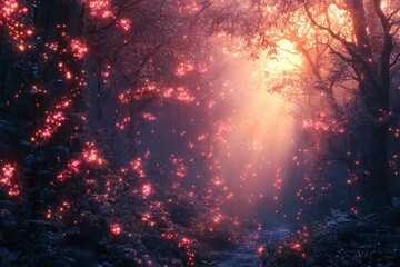 Wall Mural - enchanted forest glade with luminous berries emitting visible sound waves pastel mist and ethereal lighting