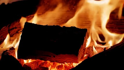 Poster - Close-up shot of burning wood glowing in fireplace, symbolizing warmth, comfort, and relaxation.
