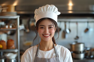 Smiling young Asian female chef in white uniform and toque stands confidently in a well-equipped professional kitchen, radiating warmth and expertise