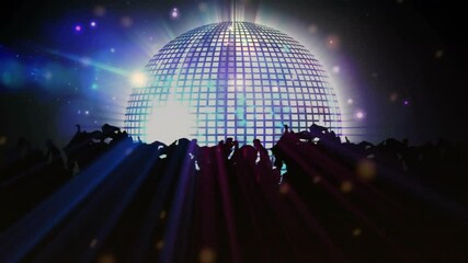 Sticker - Silhouetted crowd dancing under disco ball with colorful lights animation