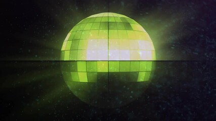 Poster - Green and yellow disco ball glowing with light animation over dark background