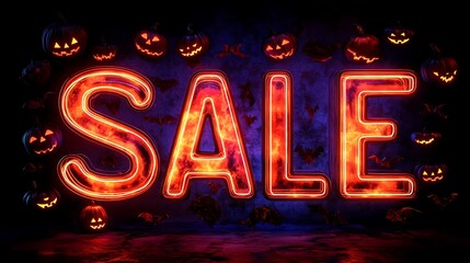 Glowing neon sale sign with Halloween pumpkin background, perfect for seasonal promotions and spooky discounts.