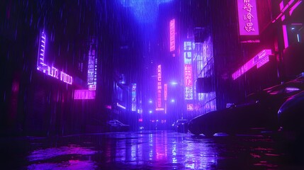 A cyberpunk urban scene with neon lights illuminating rain-soaked streets in a futuristic city