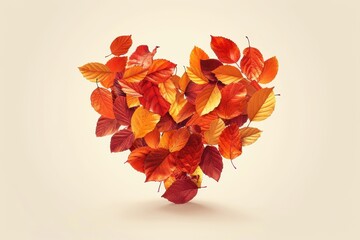 Autumn leaves forming heart shape, romantic fall, flat design illustration.