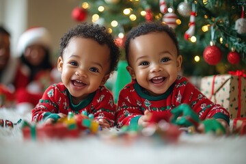 Wall Mural - Twins in festive outfits smile near Christmas tree