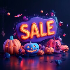 Wall Mural - Halloween sale banner with glowing pumpkins, spooky decorations, and a festive dark background, perfect for seasonal promotions.