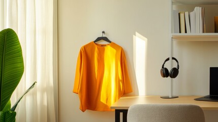 Poster - Minimalist Study Setup with Orange Shirt, Modern Headphones, White Bookshelf, Writing Desk, and Fabric Chair in Bright Natural Light