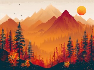 Wall Mural - Fall landscape with mountain backdrop, scenic beauty, flat design illustration.