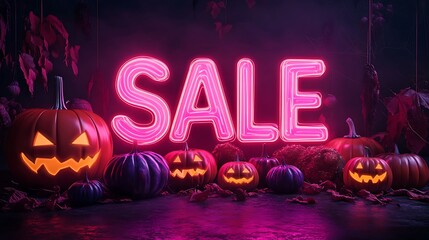 Wall Mural - Halloween sale neon sign with glowing pumpkins in a dark, spooky setting, perfect for seasonal promotions and festive advertisements.