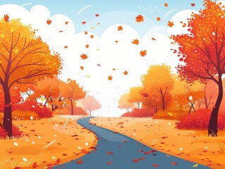 Sticker - Hiking trail with fallen leaves and autumn colors, serene journey, flat design illustration.