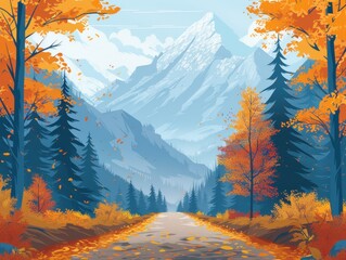 Sticker - Mountain trail with autumn colors, scenic journey, flat design illustration.,