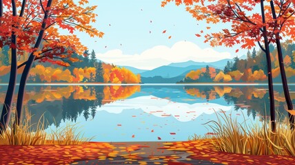 Sticker - Trail along a lake with reflections of fall colors, peaceful walk, flat design illustration.,