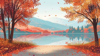 Sticker - Trail along a lake with reflections of fall colors, peaceful walk, flat design illustration.,