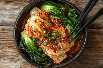 Wall Mural - Kimchi bok choy eating with chopsticks on wooden background, homemade korean fermented side dish food