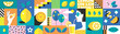 © Anna Sm - Abstract geometric summer background. Organic cafe. Citrus flavor.Modern vector illustration with girl drinking fresh juice, lemons, fruit slices, leaves.Memphis style design.Set of flat simple icons.