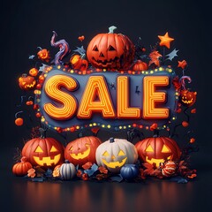 Wall Mural - Halloween sale with glowing neon sign and carved pumpkins in a dark festive setting. Perfect for autumn holiday promotions and advertisements.