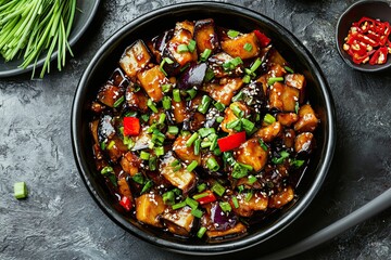 Wall Mural - Hot spicy stew eggplant in korean style with green onion. Aubergine saute. Vegan food. Top view