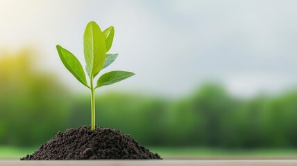 Young green plant sprouting from soil with blurred natural background, symbolizing growth, nature, and new beginnings.