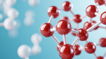 Molecular Structure Representation, vibrant red and white spheres connected by bonds illustrate the dynamic complexity of chemical compounds against a soothing blue background