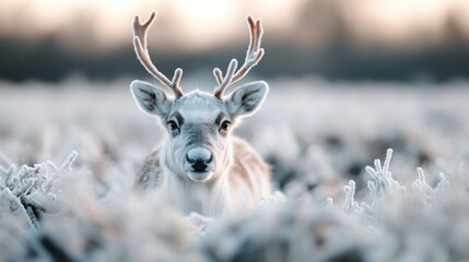 A serene reindeer stands amidst a frosty winter landscape, looking directly at the camera, capturing the essence of winter wildlife and untouched nature in its peaceful habitat.