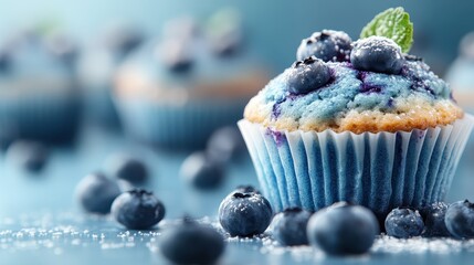 This image showcases a freshly baked blueberry muffin adorned with fresh blueberries, a mint leaf, and sugar sprinkles, highlighting its delectable texture and taste.