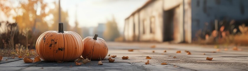 Abandoned Halloween decorations in a deserted street, melancholic scene, 3D illustration