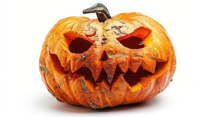 a carved pumpkin with a spooky face, Halloween decoration, hyperrealistic style, vibrant orange, isolated on white background.