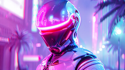 Poster - Futuristic Cyberpunk Robot in Neon Lit Cityscape, Digital Art, Sci-Fi Illustration, Artificial Intelligence, Cyberpunk City, Futuristic Technology
