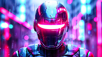 Poster - Futuristic Cyberpunk Robot in Neon Cityscape with Glowing Lights and Rain Digital Illustration