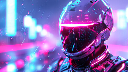 Poster - Futuristic Cyberpunk Cyborg with Neon Helmet in Digital Cityscape Cyberpunk Portrait 3D Render