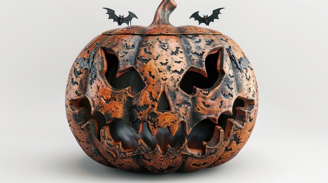 a jackolantern with bats and ghosts carved into it, Halloween theme, 3D rendering, detailed texture, isolated on white background
