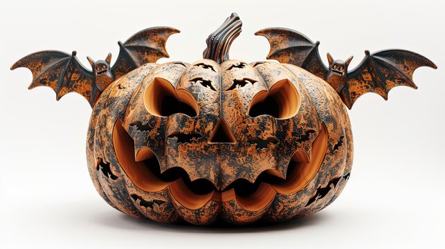 a jackolantern with bats and ghosts carved into it, Halloween theme, 3D rendering, detailed texture, isolated on white background
