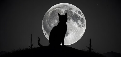  Cat Silhouette Overlooking Full Moon on a Halloween Night