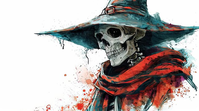 a skeleton wearing a witch hat and cloak, Halloween decoration, pastel drawing,