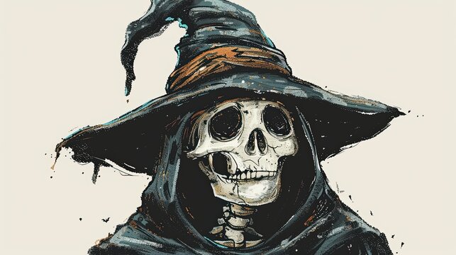 a skeleton wearing a witch hat and cloak, Halloween decoration, pastel drawing,
