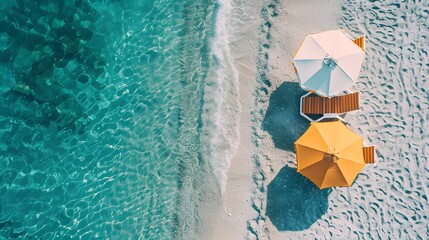 Yellow beach umbrella on sandy coast near sea, top view