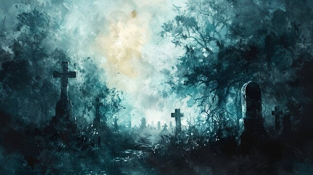 a spooky graveyard with tombstones and mist, Halloween theme, oil painting, moody palette,
